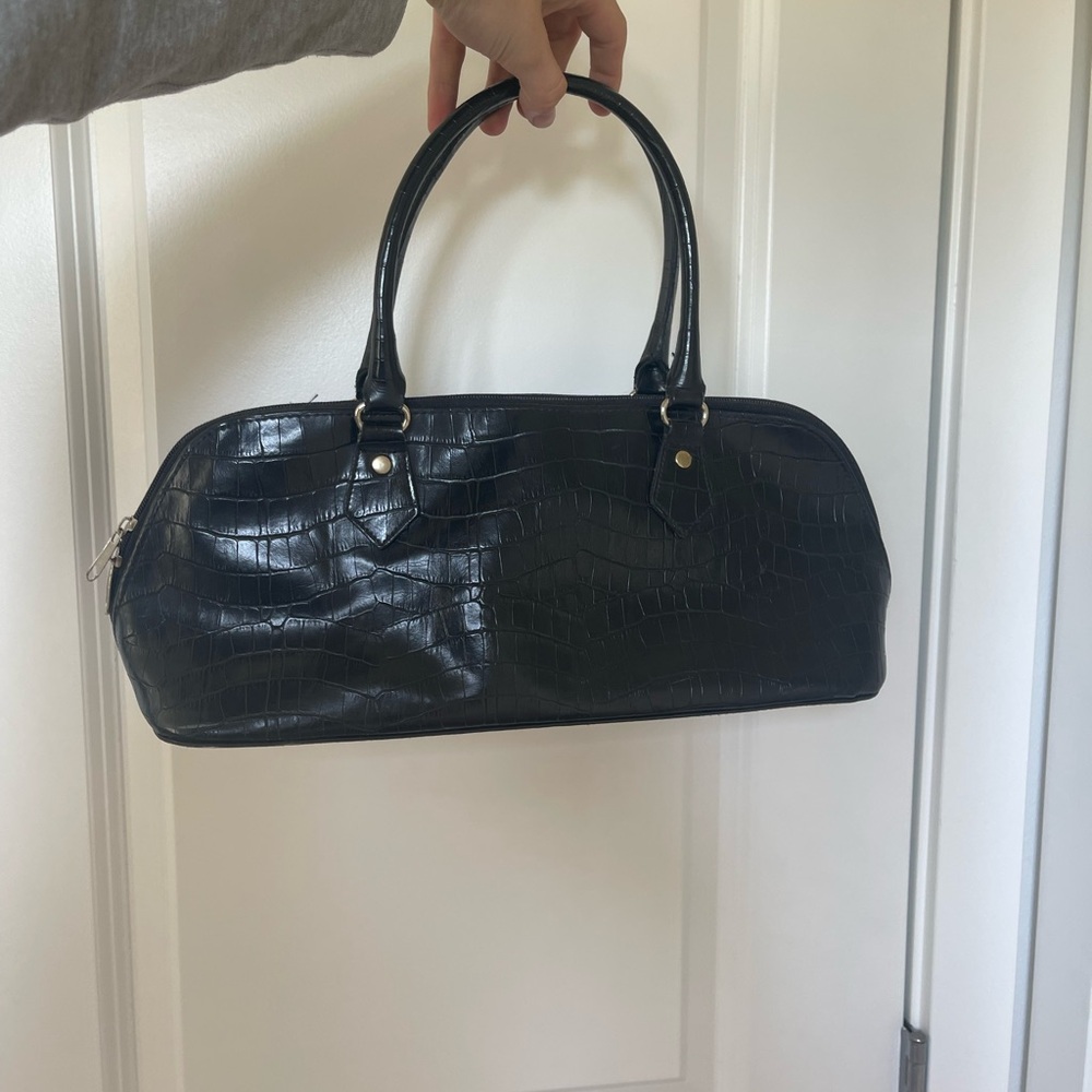 Black crocodile leather long mini satchel bag